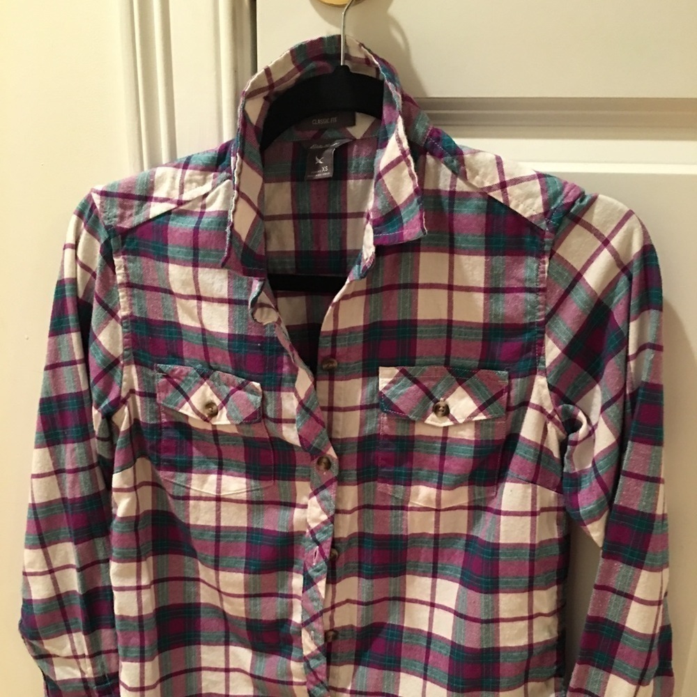 Eddie Bauer White Plaid Flannel Shirt Cotton Size XS